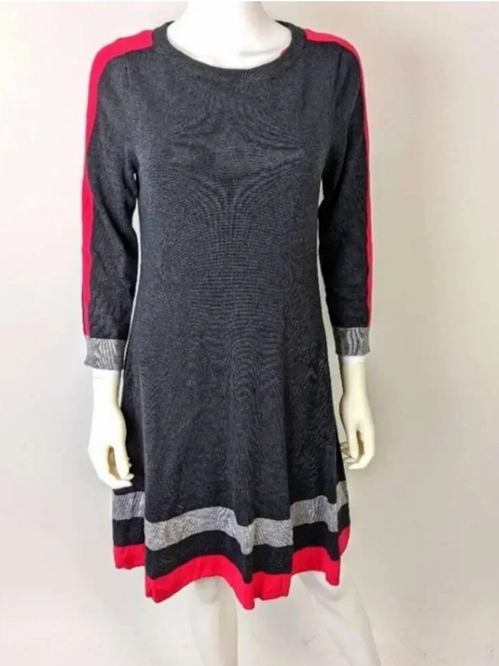 Vince Camuto Women’s Gray Knit Sweater Dress with Pink  Accent Stripe